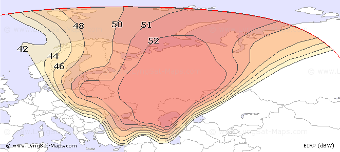 Карта зоны покрытия спутником Eutelsat 36A at 36.0°E